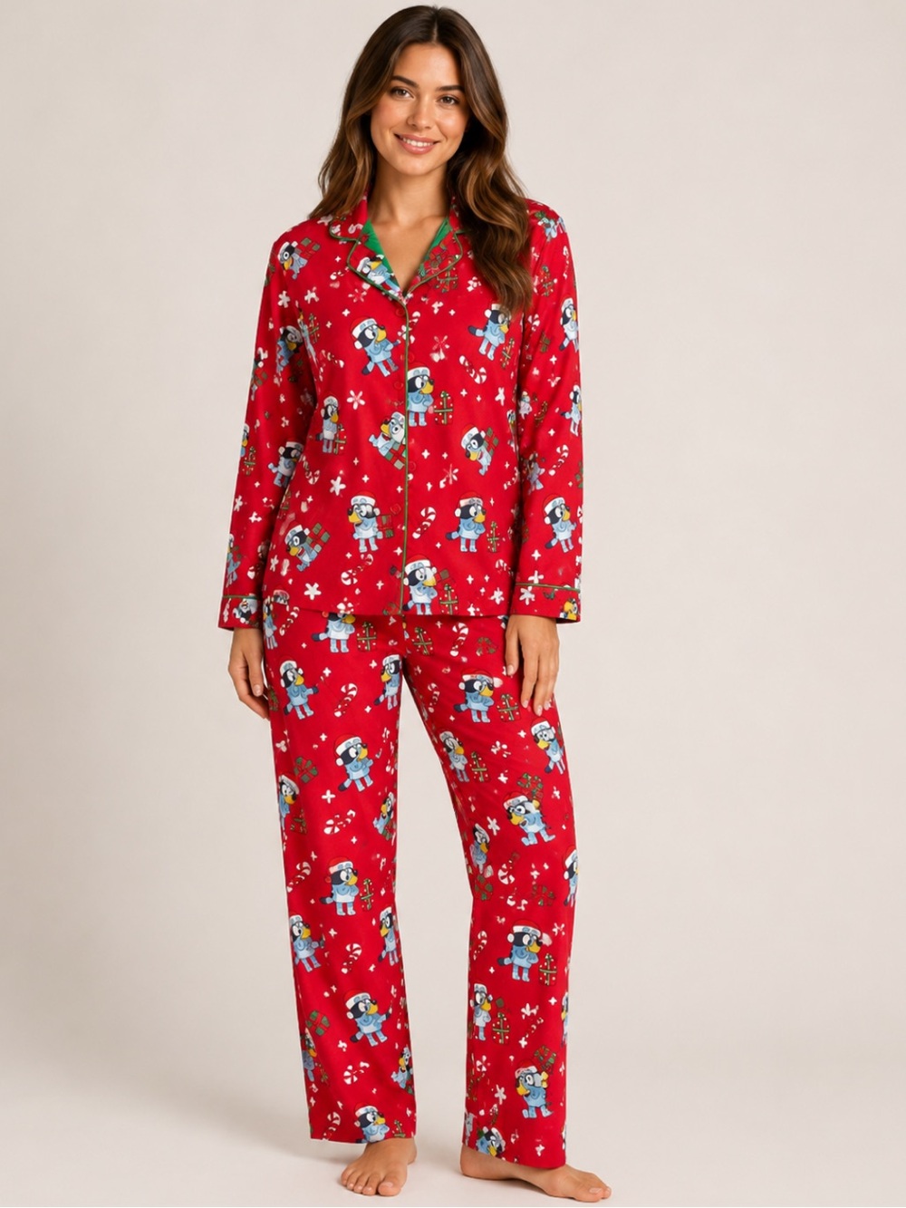 Women’s BLUEY Christmas Flannel Pajama Set/Bright Red/Gifts & Candy Canes
